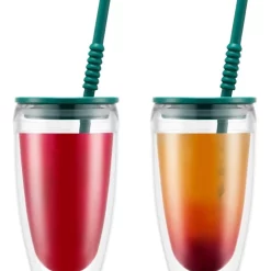 Outlet ✨ Bodum Pavina To Go Set Of 2 Double-Walled Plastic Cups With Airtight Lid 0.4l Forest 🎉