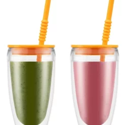 Promo 🧨 Bodum Pavina To Go Set Of 2 Double-Walled Plastic Cups With Airtight Lid 0.4l Yolk 🔔